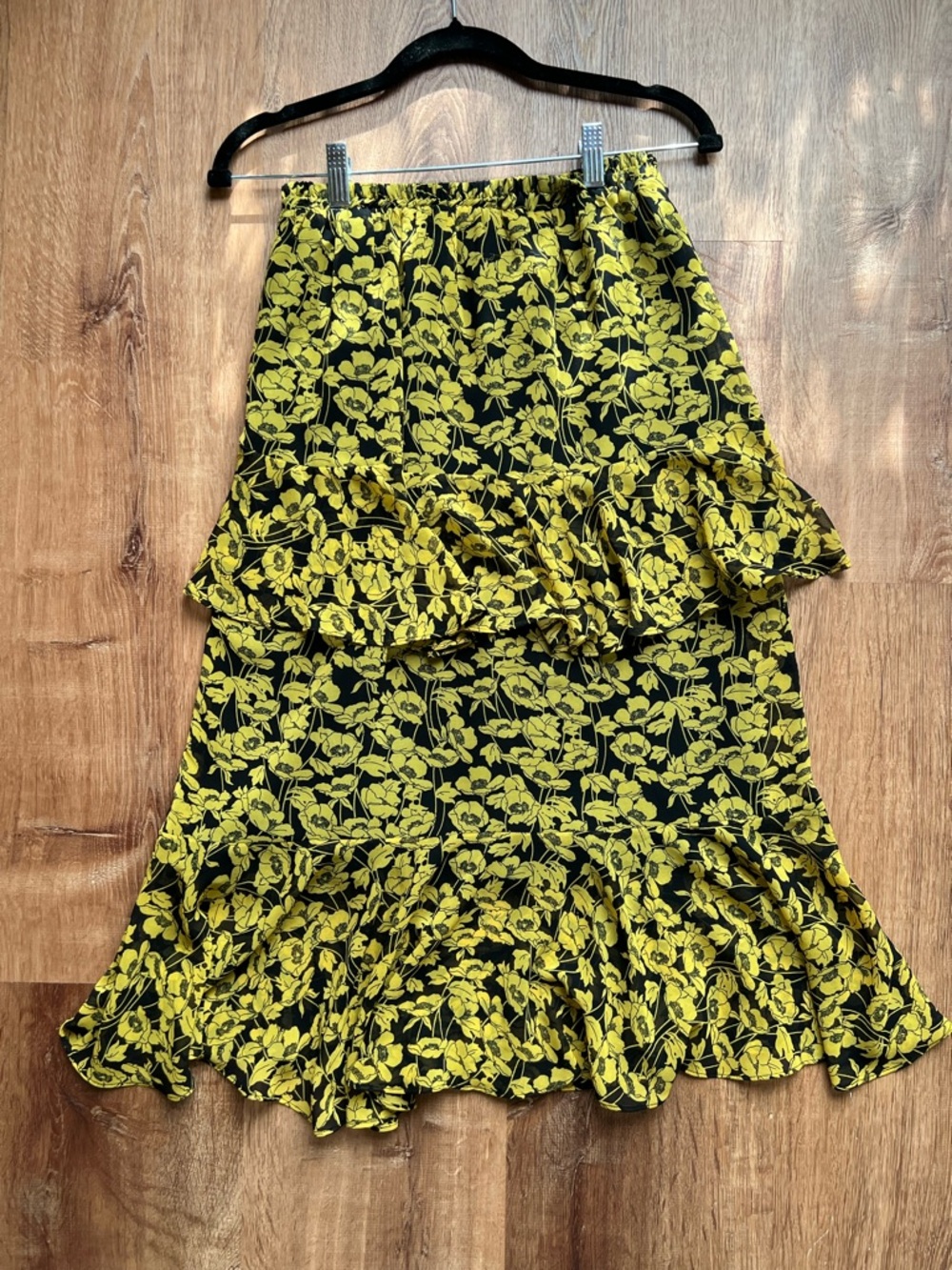 Yellow and Black Floral Tiered Skirt